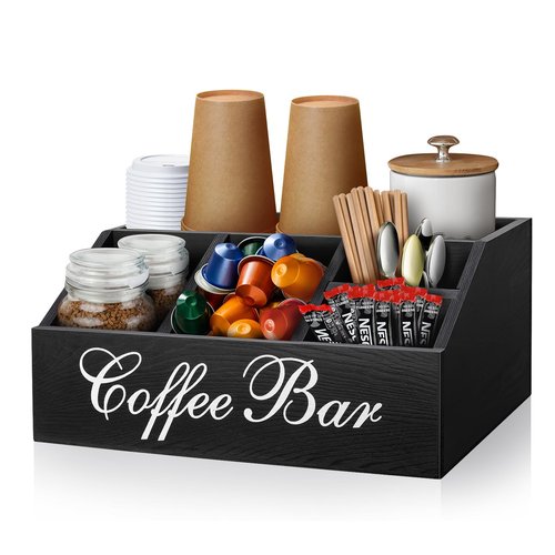 MISTOD Coffee Station Organizer Pods Holder for Counter, Farmhouse Wood Coffee Bar Accessories and Tea Condiment Basket Storage Organizer Decor