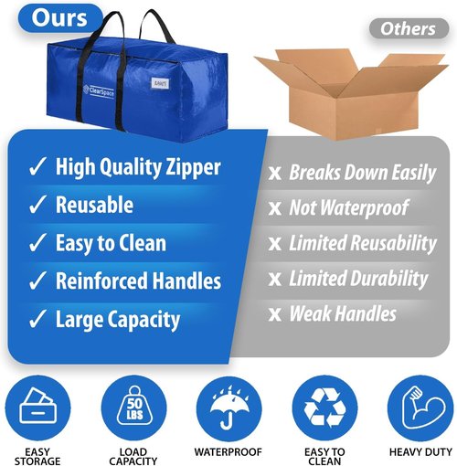 ClearSpace Heavy Duty Moving Bags - Large Storage Bags with Backpack Straps & Zippers | 6 Pack for Moving & Travel