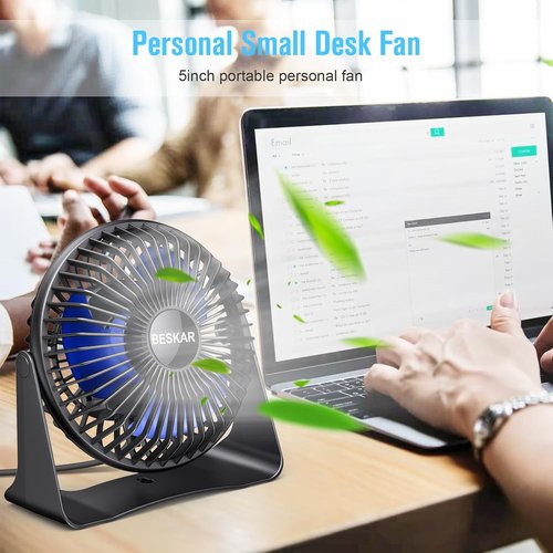 BESKAR USB Small Desk Fan - Portable 3-Speed Personal Fan with 360° Rotation | Quiet Operation, 3.9 ft Cord