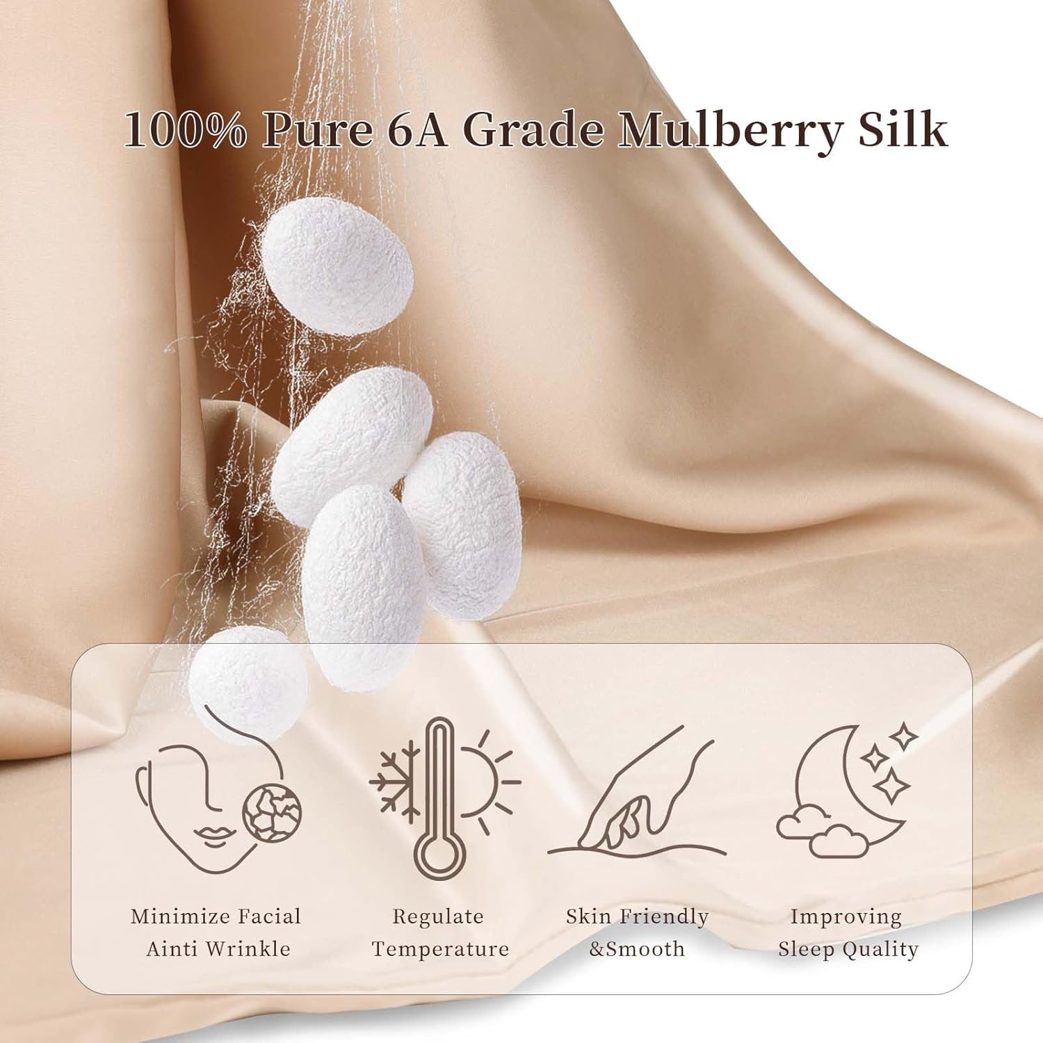 Skiennix 100% Pure Mulberry Silk Pillowcase - Cooling & Smooth Dual-Sided | Standard 20” x 26” (Champagne)