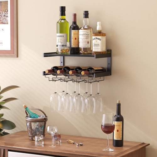 B4Life Wine Rack Wall Mounted with Stemware Hanger, Wine Glass Holder Industrial, Glass Bottle Shelf for Wall, Floating Shelves with Storage, Liquor Bottle Holder for Bar Shelves, Kitchen(Black, 1)