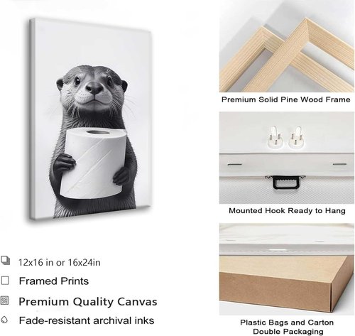 Funny Raccoon Canvas Wall Art by [Brand Name] - Black & White Farmhouse Bathroom Decor | Framed Print