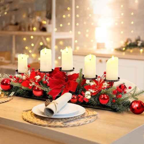 Funnymoom Christmas Tabletop Centerpiece - 30 Inch Poinsettia Candle Holder with Red Berries & Gold Accents