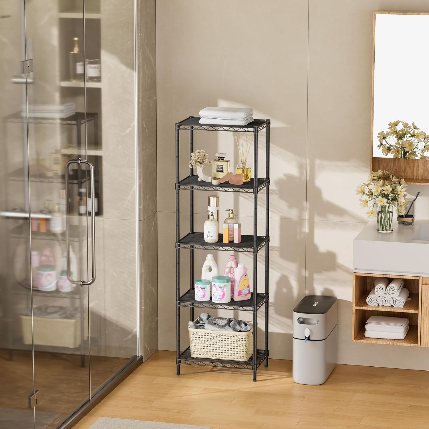 SINGAYE Metal Shelves - Adjustable Wire Shelving Unit for Kitchen, Laundry & Bathroom | 10"D x 16"W x 55"H, Black