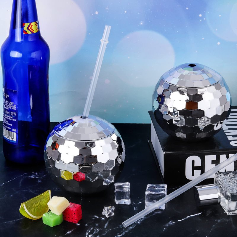 Breroa 6-Piece Disco Ball Cup Set with Lid, Straw & Sparkly Glitter - 20oz Mirrored Cocktail Drink Tumblers for Disco Bar Party Supplies, Silver