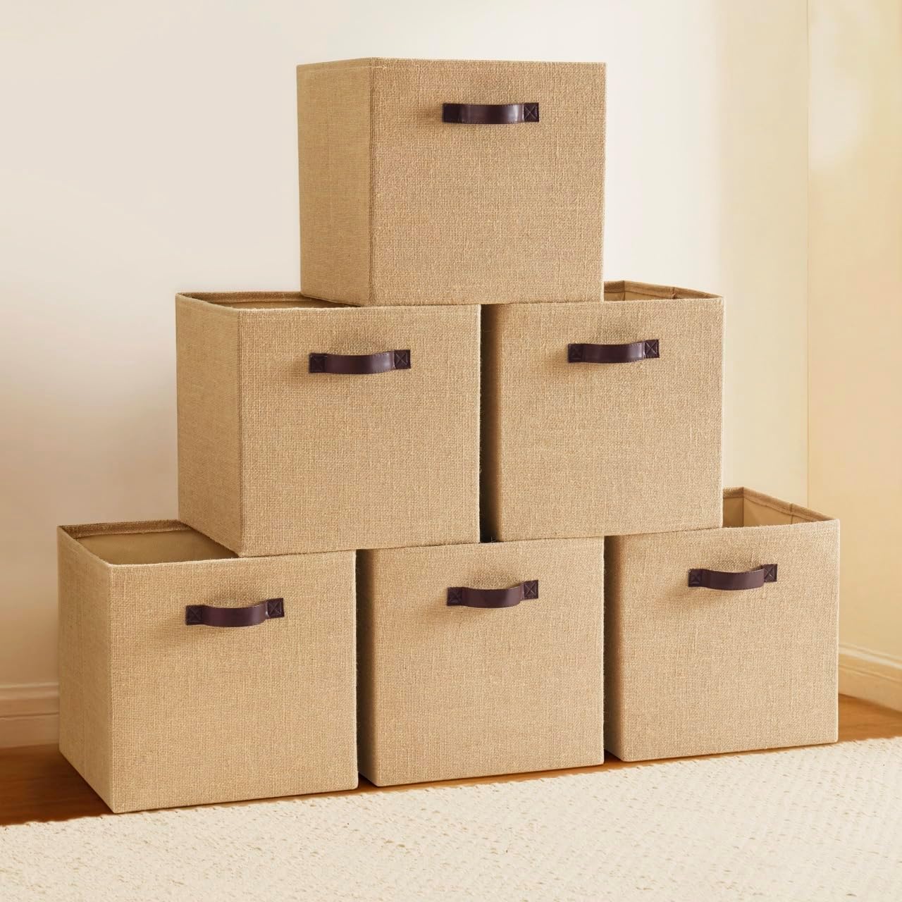 Ornavo Home Storage Cube Bins - 10.5 x 10.5 Jute Baskets, 6 Pack Foldable Organizers with Leather Handles