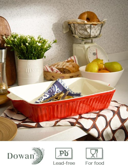 DOWAN 9x13-Inch Deep Casserole Baking Dish - 135 oz Ceramic Pan with Handles | Oven Safe, Red