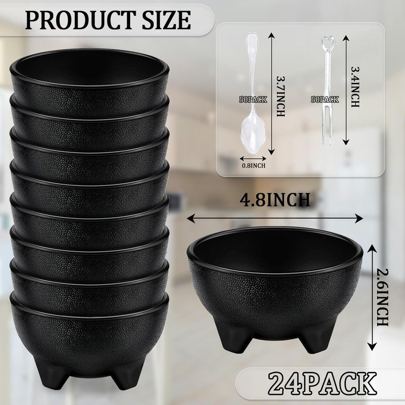 LOSYHU 24 Pack 13.5 OZ Salsa Bowls for Party, Unbreakable Guacamole Bowl Plastic Mexican Salsa Bowls Bulk Small Molcajete Bowl with Spoons and Forks for Fiesta, Chips, Dip, Candy, Black