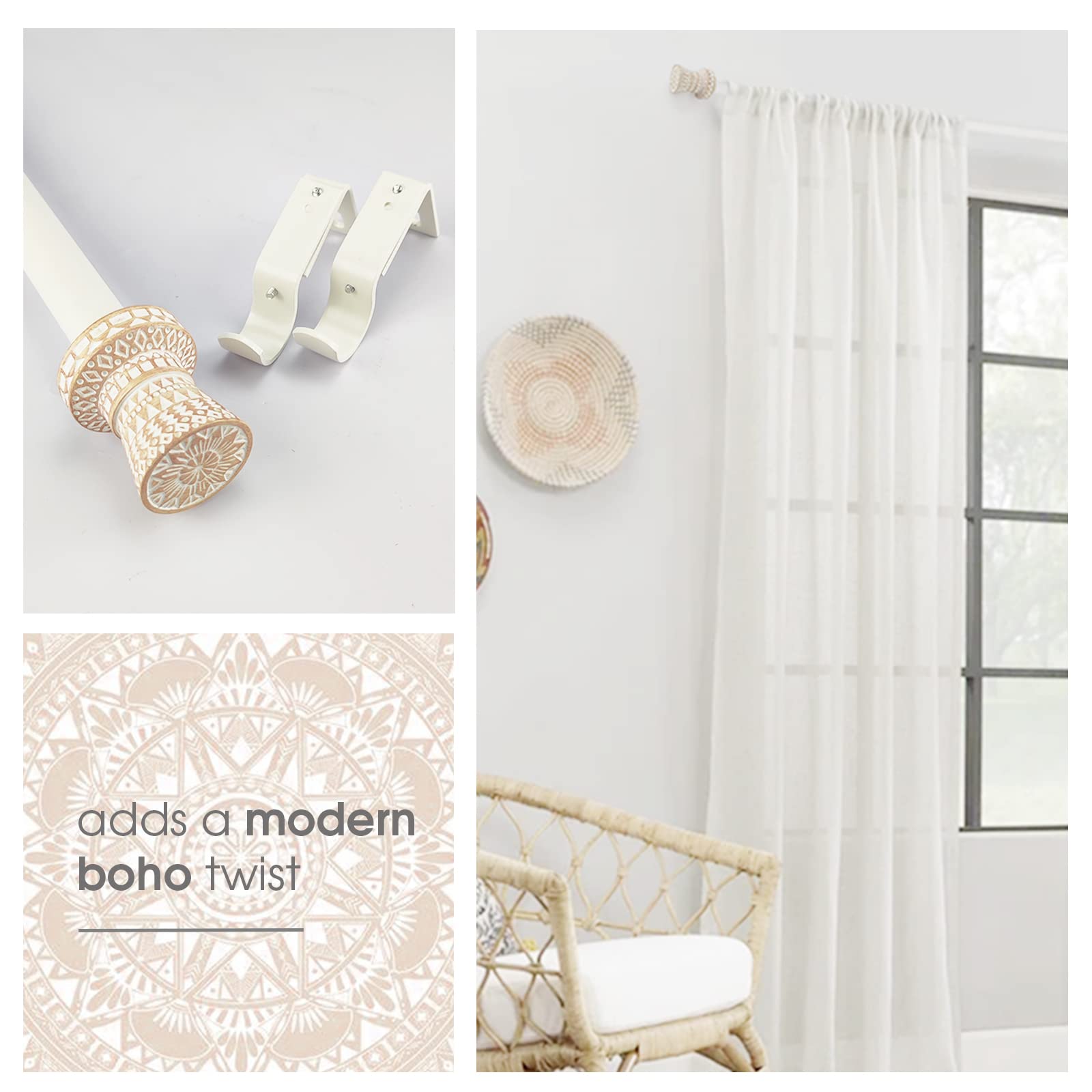 SKYPLUS LIVING Modern Boho Style Single Curtain Rod Set with Round Carved Finial,72-144 inch, Standard Single White Drapery Rod for 1 Pack, 1 inch diameter, Adjustable Length