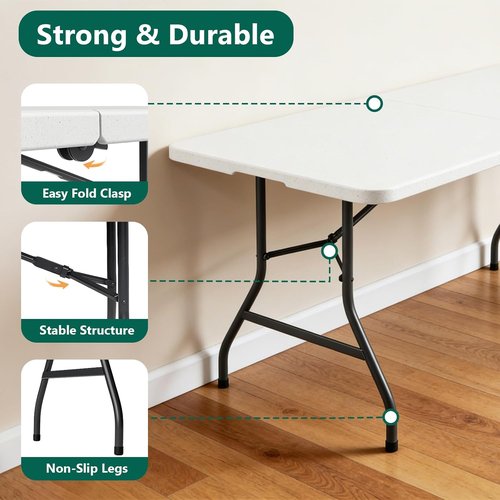 Heavy Duty 6ft Folding Table by [Brand Name] - Portable Plastic Table with Reinforced Steel Legs | Ideal for Parties, Picnics, Weddings, Camping - White