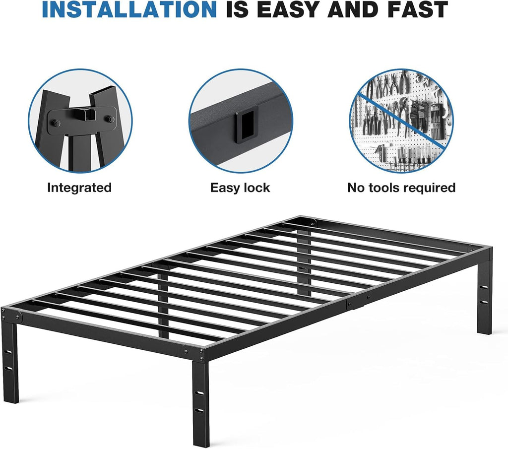 OLIXIS Metal Twin Bed Frame - 14" High with Storage Space | Sturdy Steel Slat Support, 800LBS Capacity, Black