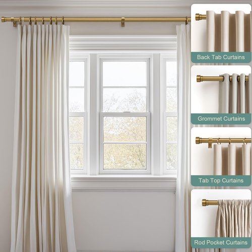 Lootkell Brass Gold Curtain Rods Set - Heavy Duty 1" Diameter, Adjustable 66 to 120 Inches | Stylish Metal Finials for Living Room & Bedroom