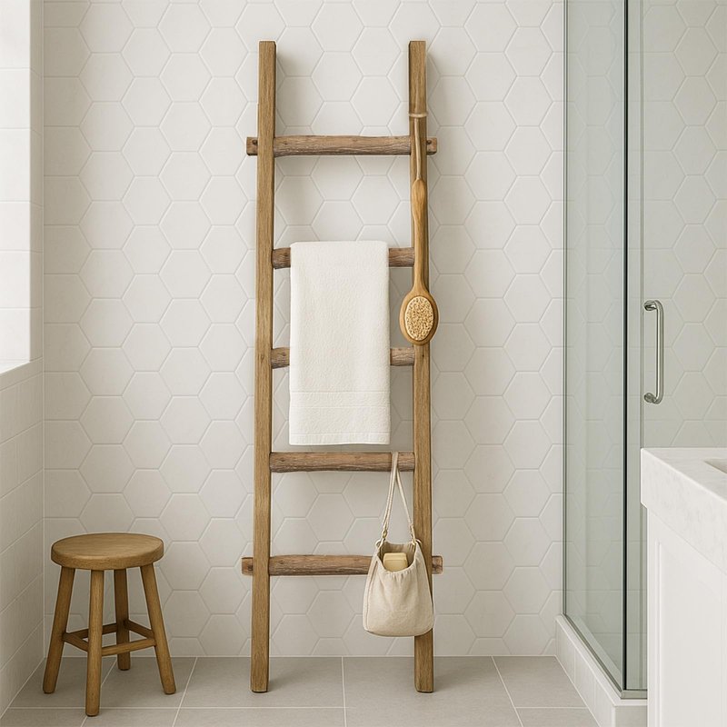 Oujchenghome Blanket Ladder Pre Assembled 76in Wooden Ladder Shelf Living Room Bathroom Bedroom Decorative Wall Leaning Farmhouse Quilt Display Holder Rustic Towel Rack (Brown, 57in（5-Tier）)