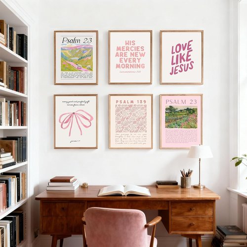 Christian Canvas Wall Art by Pink - Set of 6 Bible Verse Prints | Trendy Scripture Decor for Girls' Rooms