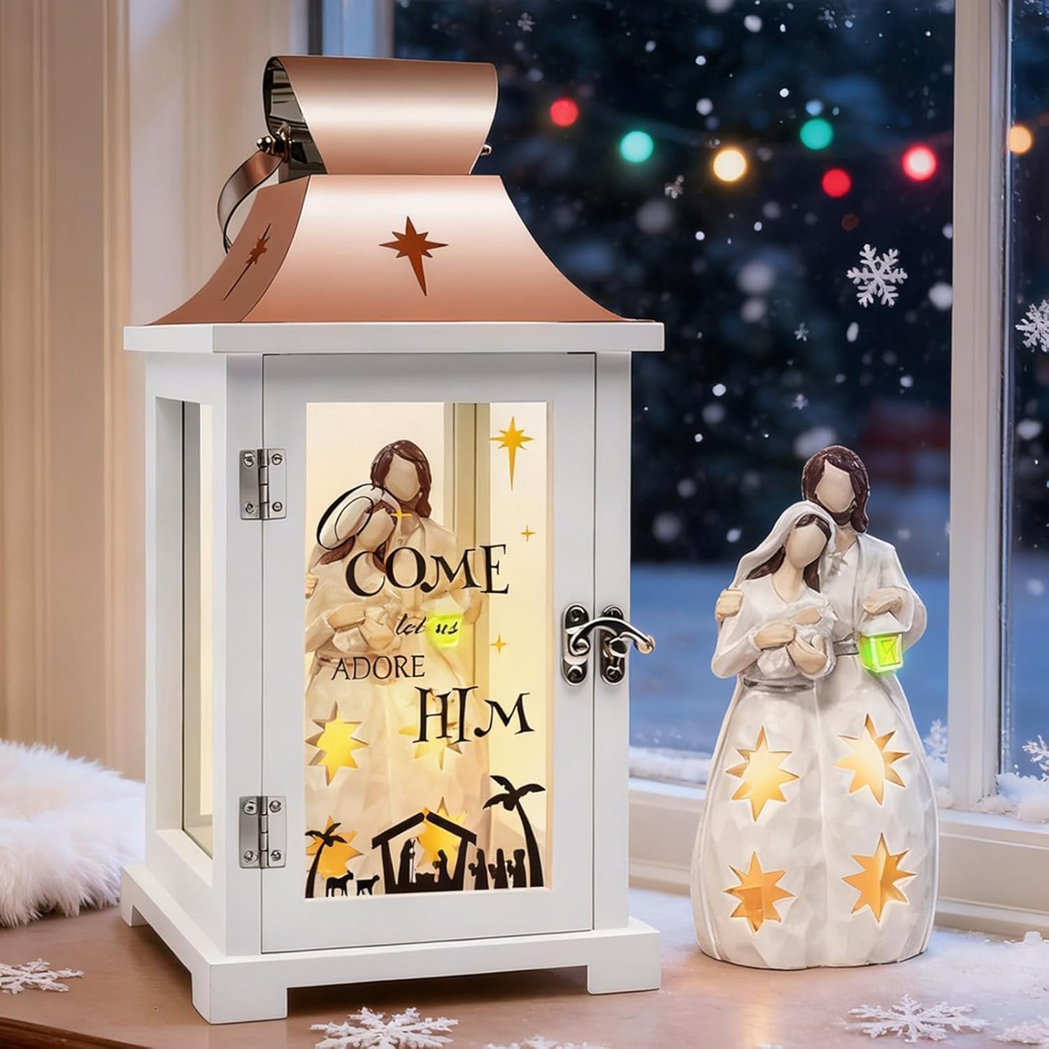 Regine Switzerland Christmas Nativity Set - 15.1" Tall Lantern for Table Centerpieces | Indoor Xmas Decor