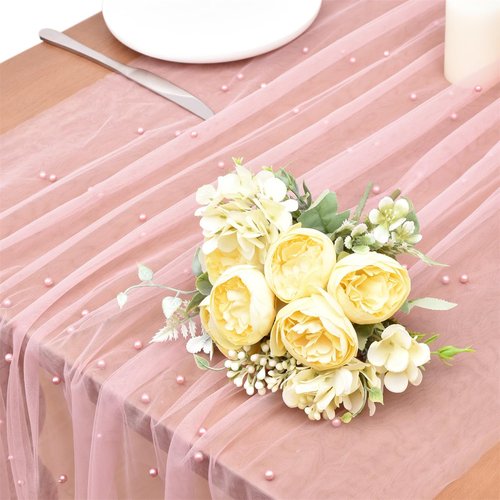 Dlpafzy Dusty Rose Pearl Table Runner Boho Rustic Tulle Lace Spring Easter Table Runner for Baby Shower Wedding Arch Decor Veil Dessert Table Decor 3pcs