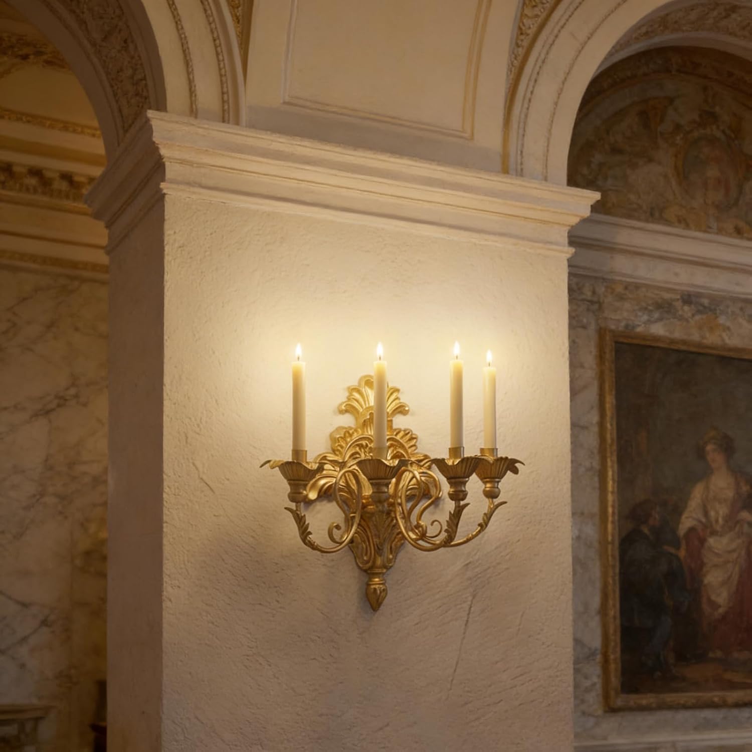 Roman - Fountain Wall Sconce | 4-Candle Gold Baroque Candelabra - Antique Metal Tapered Candle Holder for Victorian Decor