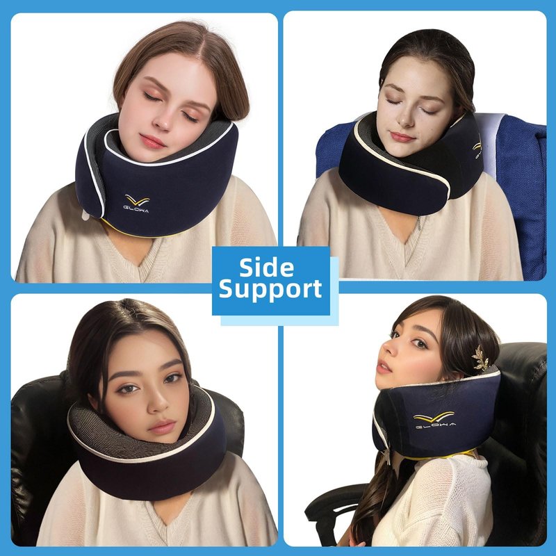 Glowa 2.0 Travel Neck Pillow, Ergonomic Chin Support for Airplane & Car, Breathable & Washable Cover, Lightweight Compact for Travel。(Navy Blue)