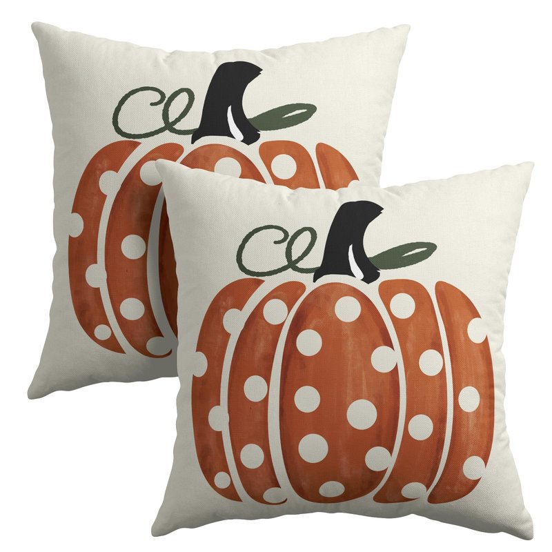 Fall Pumpkin Throw Pillow Cover 18x18 Inch Set of 2 Autumn Orange Pumpkin Outdoor Pillow Cases Polka Dot Beige Thanksgiving Farmhouse Square Cushion Covers for Sofa Couch Porch Patio Home Decor