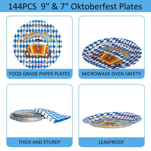 Oktoberfest Party Supplies, 288PCS Disposable Plates and Napkins, Serves 72 Guests, 9 inch & 7 inch Plates, 6.5 inch Napkins Oktoberfest Decorations