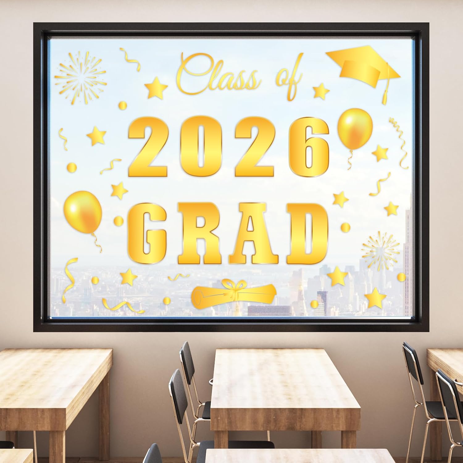 Whaline Graduation Window Clings - Class of 2026 Gold Foil Reusable Decals for Home & School Decor