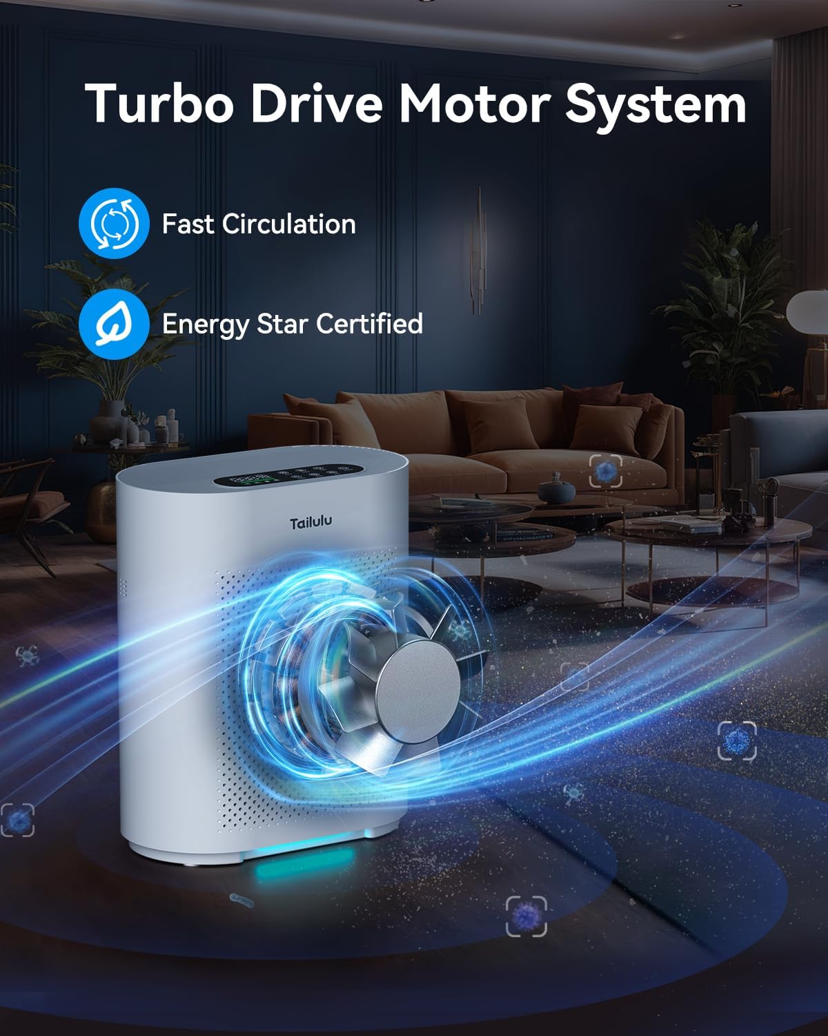 Tailulu HQKJ-180 Air Purifier - Smart Mode, 20dB Sleep Mode, H14 HEPA Filter for Large Rooms Up to 2200ft²