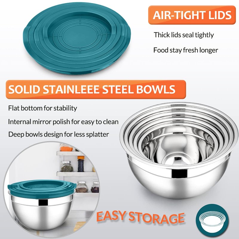 E-far Mixing Bowls with Teal Blue Lids Set of 5, Stainless Steel Mixing Bowls Metal Nesting Bowls with Airtight Covers for Cooking, Baking, Serving, Storage - Size 0.7/1/1.5/3/4.6QT - Dishwasher Safe