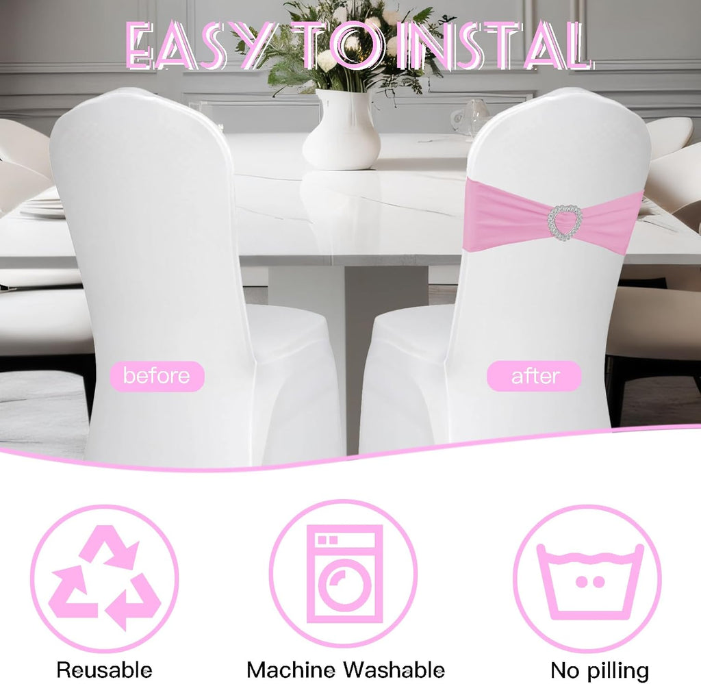 Skiennix Spandex Stretch Chair Sashes - 100PCS Universal Elastic Covers with Buckle Slider | Pink