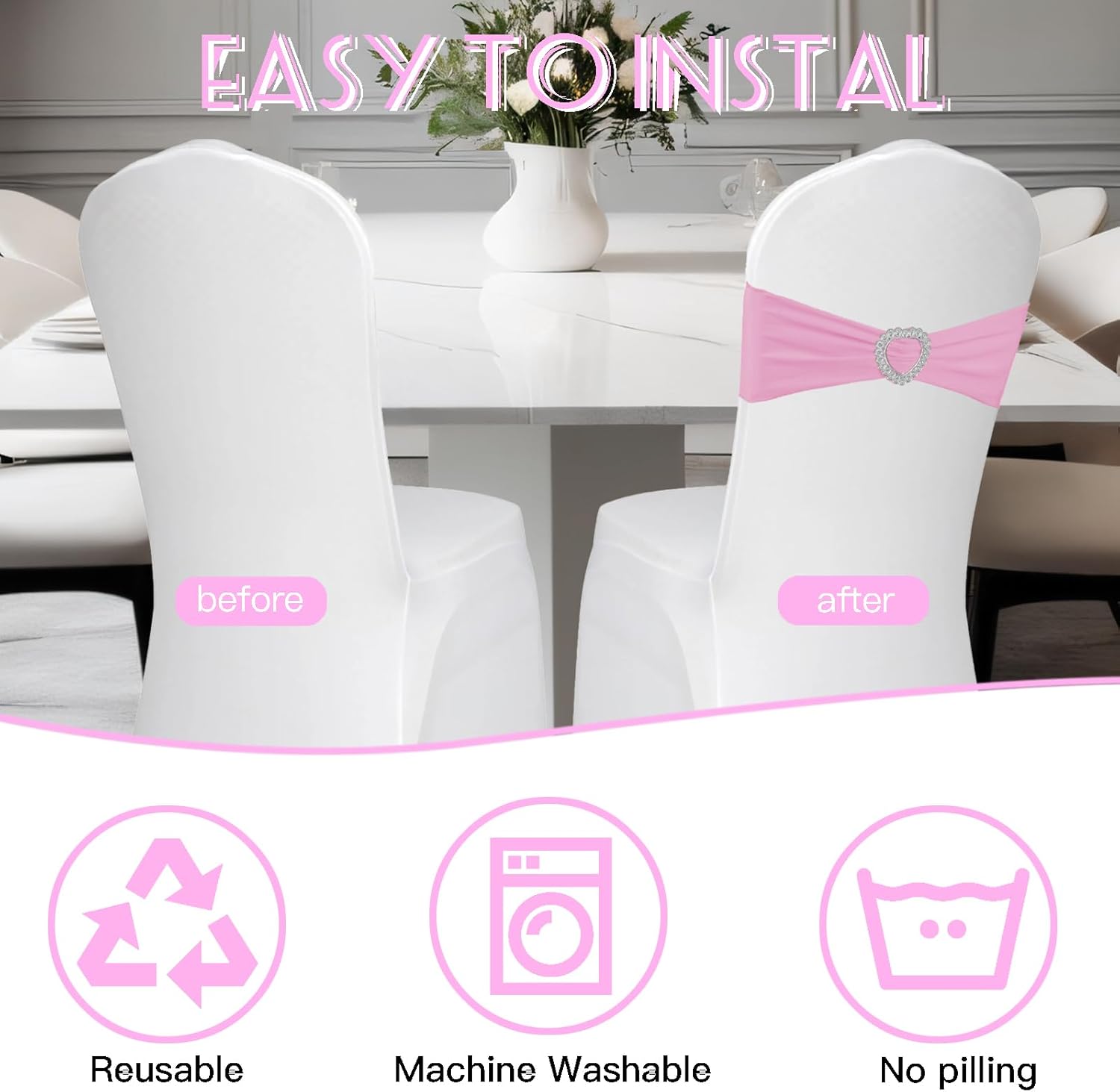 Skiennix Spandex Stretch Chair Sashes - 100PCS Universal Elastic Covers with Buckle Slider | Pink