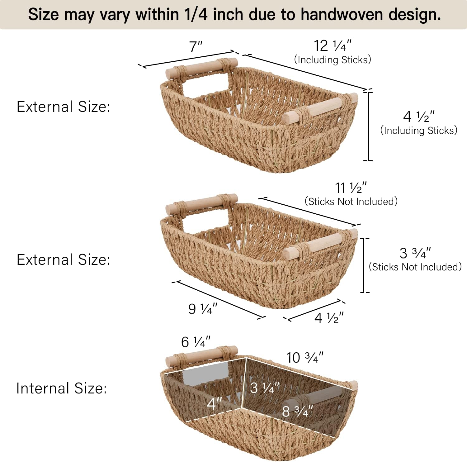 StorageWorks Small Hand-Woven Wicker Baskets - Round Paper Rope with Wooden Handles, Light Brown | 2-Pack