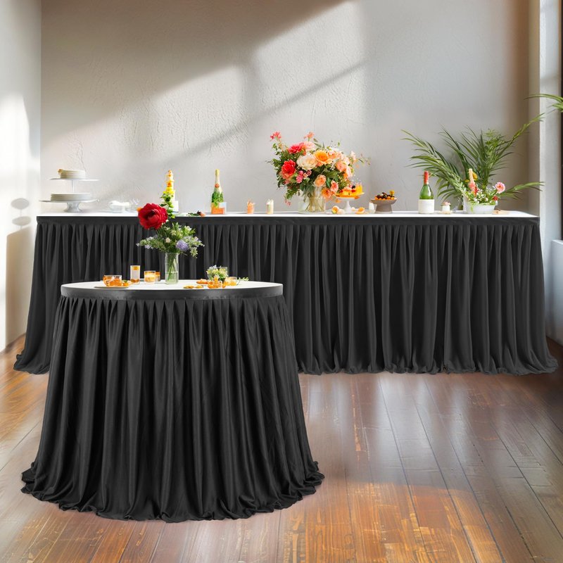 Little Funny Black Table Skirts for Rectangle Tables - 6ft Polyester Tablecloth Skirt with Ruffle for Birthday Party, Banquet, Wedding, Bridal Shower Decorations Desk Skirt for Teacher Desk