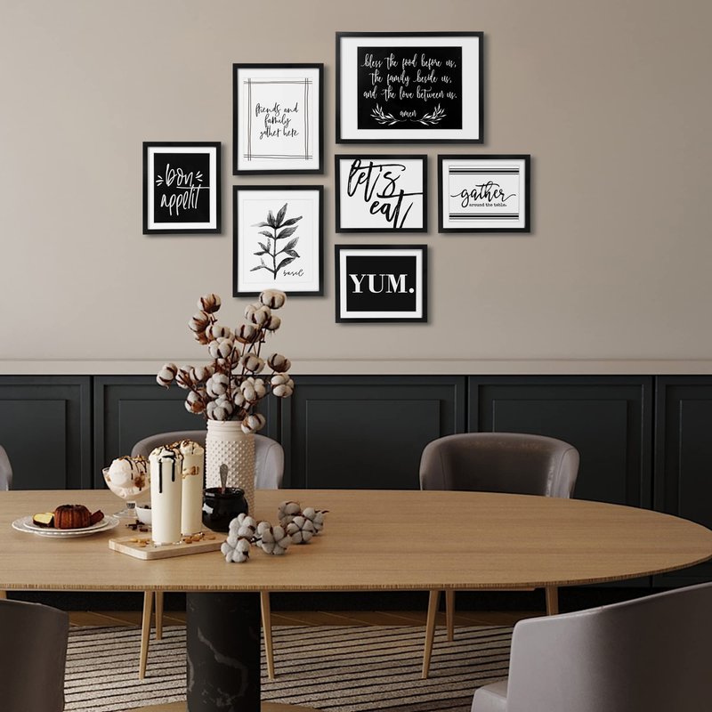 ArtbyHannah Gallery Wall Frame Set, 7 Piece Black Picture Frame Set for Kitchen Dining Room Wall Decor with Inspirational Quotes, Multi Size Gather Sign Prints Pictures Collage