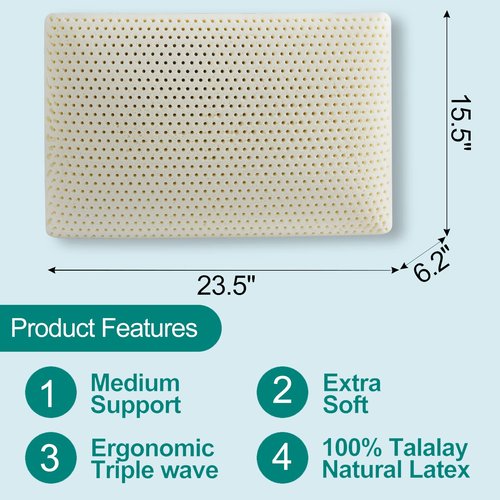 Talalay Latex Pillow, Medium Soft Latex Foam Pillow for Sleeping, Standard Size Bed Pillow for Back with Removable Cotton Inner Cover, Side and Stomach Sleepers, Helps Relieve Shoulder and Neck Pain
