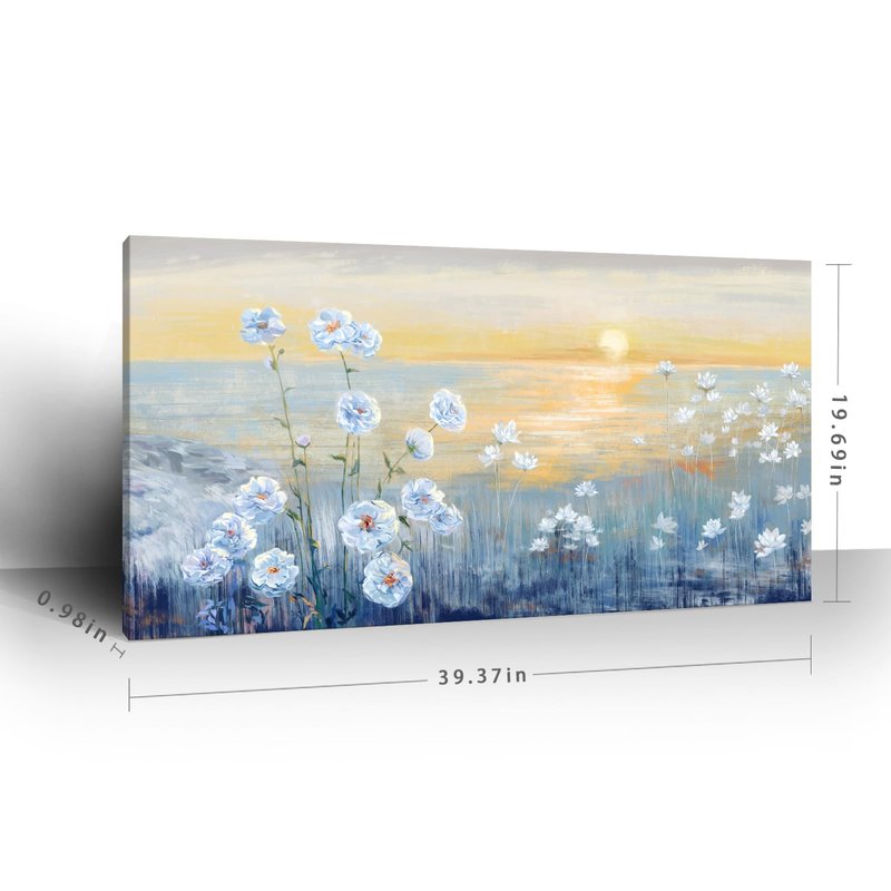 Blue Ocean Sunset Canvas Wall Art for Living Room Abstract Seascape Painting Coastal Beach Wildflowers Picture Natural Sea Landscape Print Sunrise With Yellow Orange Sky Seaside Artwork 20x40inch