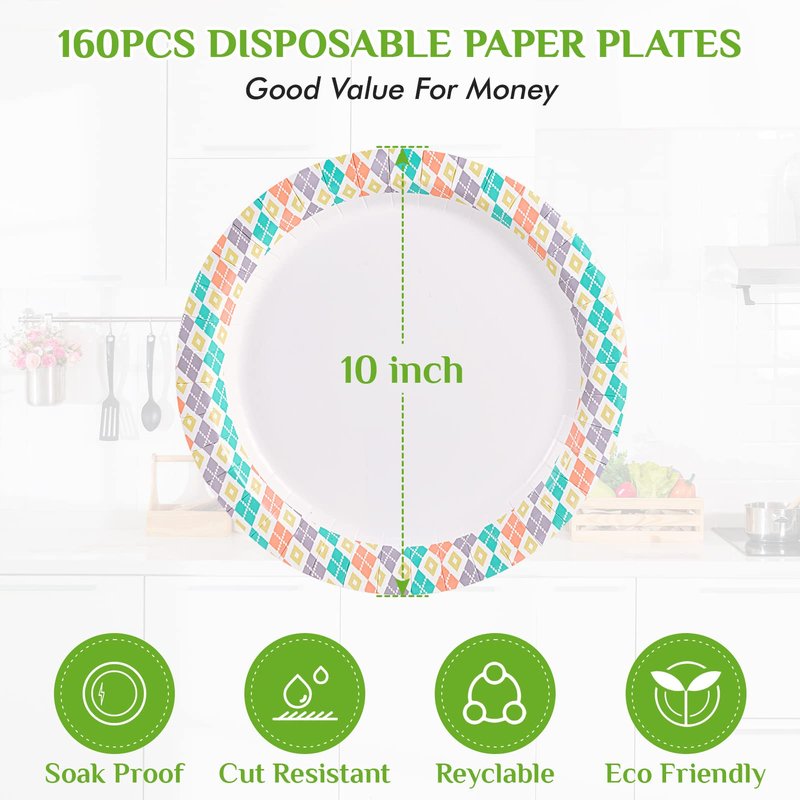FOCUSLINE 10 Inch Paper Plates, 160 Count Disposable Paper Plates for Everyday Use, Cut-Proof & Soak-Proof Coated Dinner Plate Large, Round 10" Plate for Home, Party