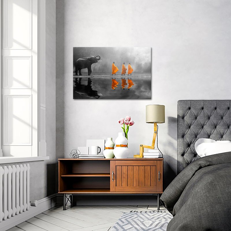 sechars - Thai Elephant Canvas Wall Art Peaceful Monk Pictures Painting Zen Massage Room Wall Decoration Framed Artwork 24"X36"