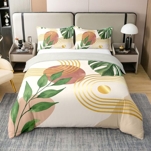 Erosebridal Palm Leaves 100% Natural Cotton Duvet Cover King Size Tropical Botanical Plants Comforter Cover for Kids Teens Golden Geometric Stripes Bedding Set Decor Nature Summer Theme Bed Set Decor