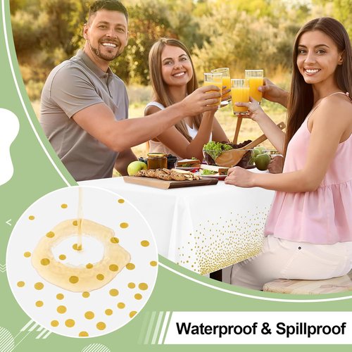 Misaya Disposable Tablecloths - 3 Packs of Waterproof 54 x 108 Inch Rectangle Covers | Gold Dots on White for Parties