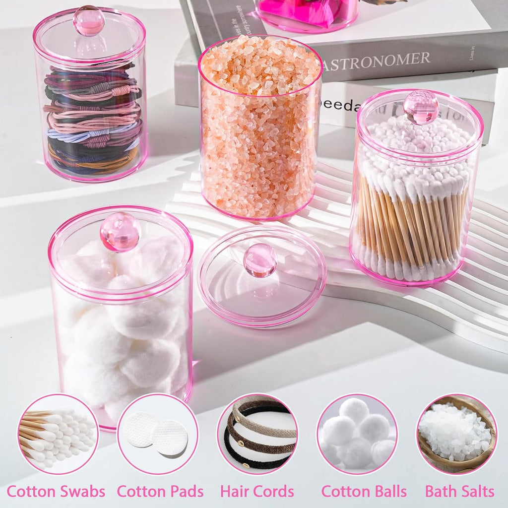 XIPENGKEJI Qtip Holder Set - Stylish Apothecary Jars for Bathroom Organization | 10oz-12oz Pink Canisters