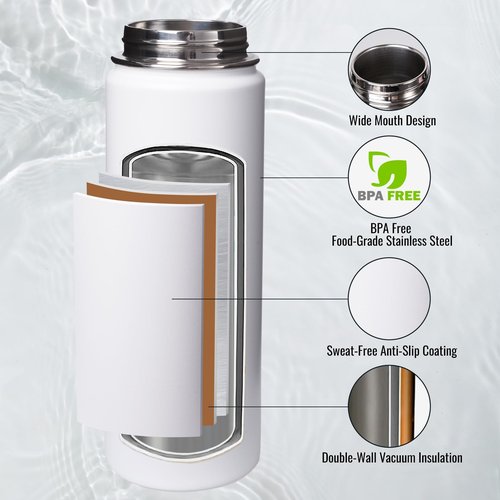 Fijinhom 24 oz Insulated Water Bottle with Handle, 304 Stainless Steel Water Bottles with Wide Mouth, Double Wall Vacuum Sports Water Bottle, BPA Free, Keep Cold and Hot, White