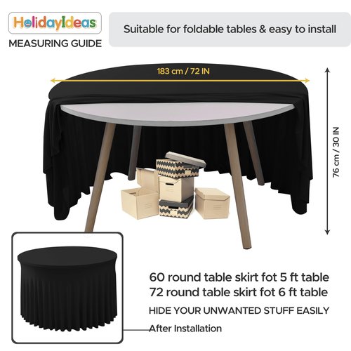 HolidayIdeas Black Spandex 72 in Round Tablecloths, Fitted Stretch Table Skirts for 6ft Round Table, Wrinkle-Free Ruffle Design Tablecloths for Banquets,Trade Shows, Parties, Events, 4 Pack