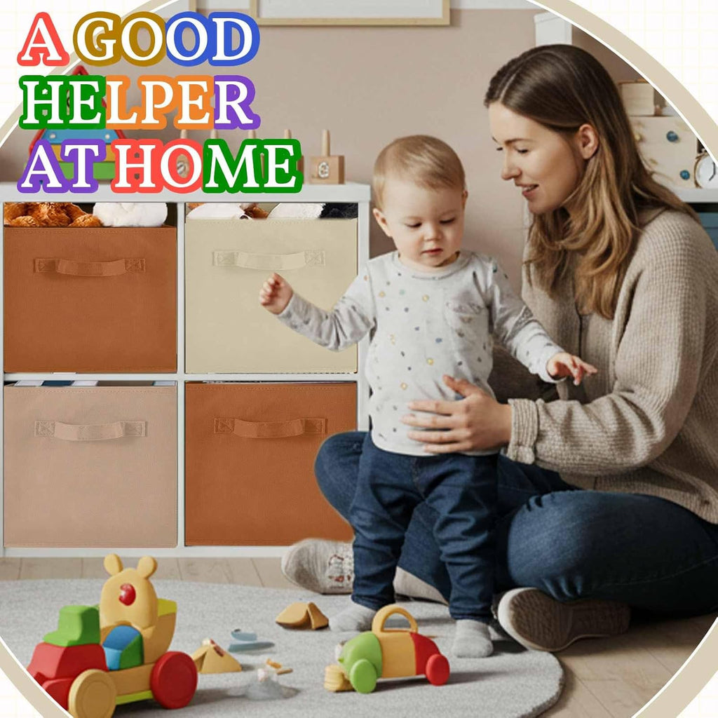 Yinder 12 Pcs Cube Storage Bins - Foldable Brown Fabric Baskets for Kids' Playroom & Nursery Decor
