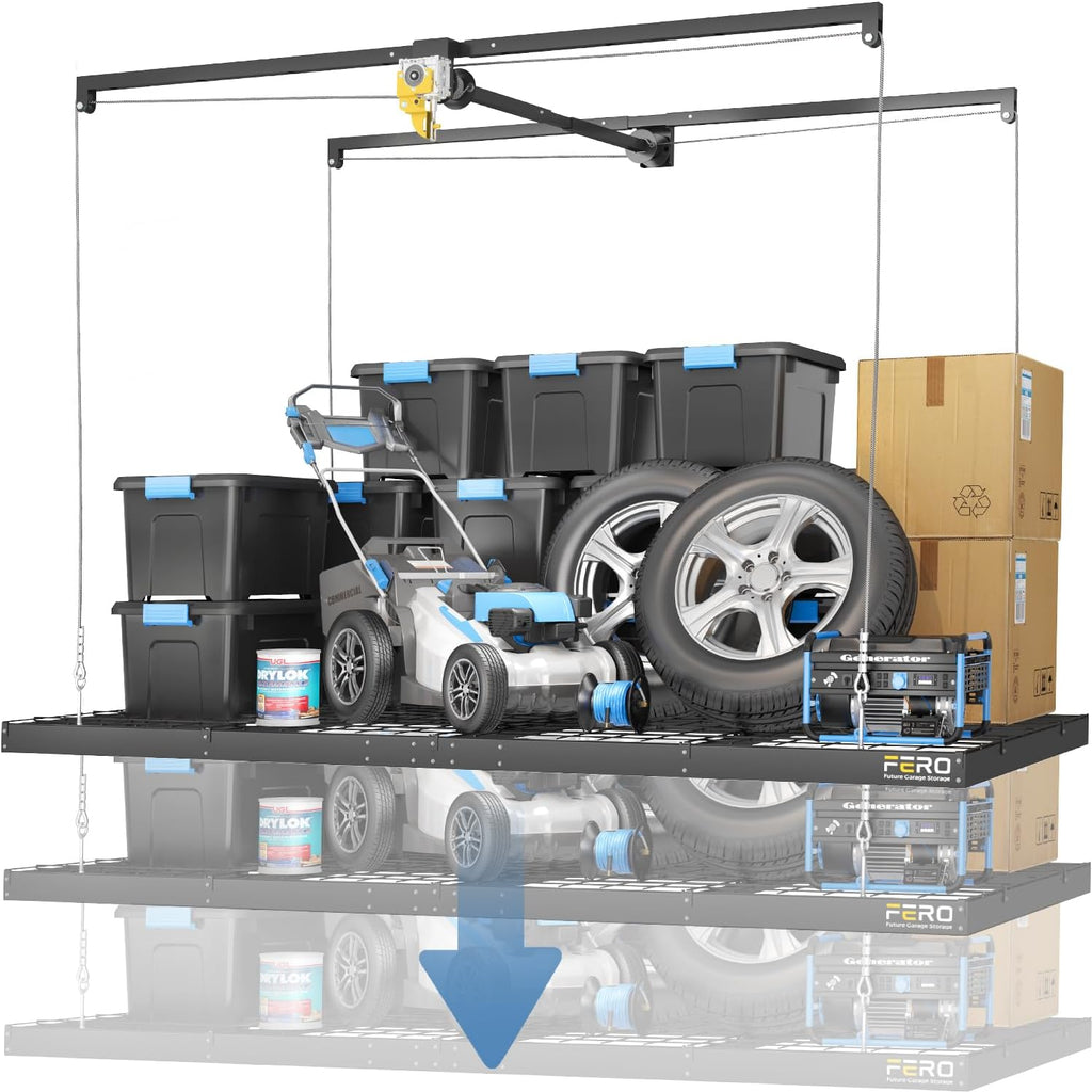 Overhead Garage Storage Rack - Heavy-Duty 4x8 FT Ceiling Mounted Lift System with Safety Lock | 325 lbs Capacity