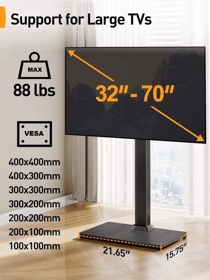 Perlegear Floor TV Stand with Mount for 32-70 inch TVs up to 88lbs, Floor Standing TV Stand with 9 Height Adjustment, TV Swivel Stand for Living Room with Wood Base, Max VESA 400x400mm, PGFS09