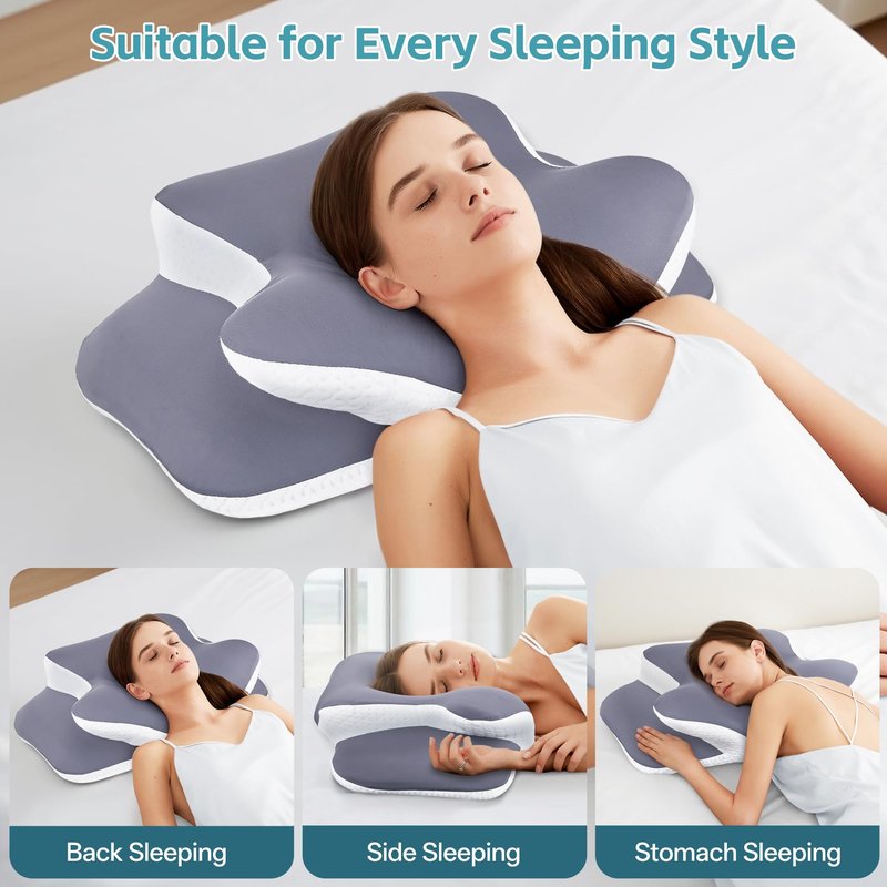 SHKJGS Cervical Neck Pillow for Neck Pain Relief & Support - Cooling Ergonomic Memory Foam Pillow with Dual-Height Contour & Ice Silk Cover for Side, Back, Stomach Sleepers,Grey