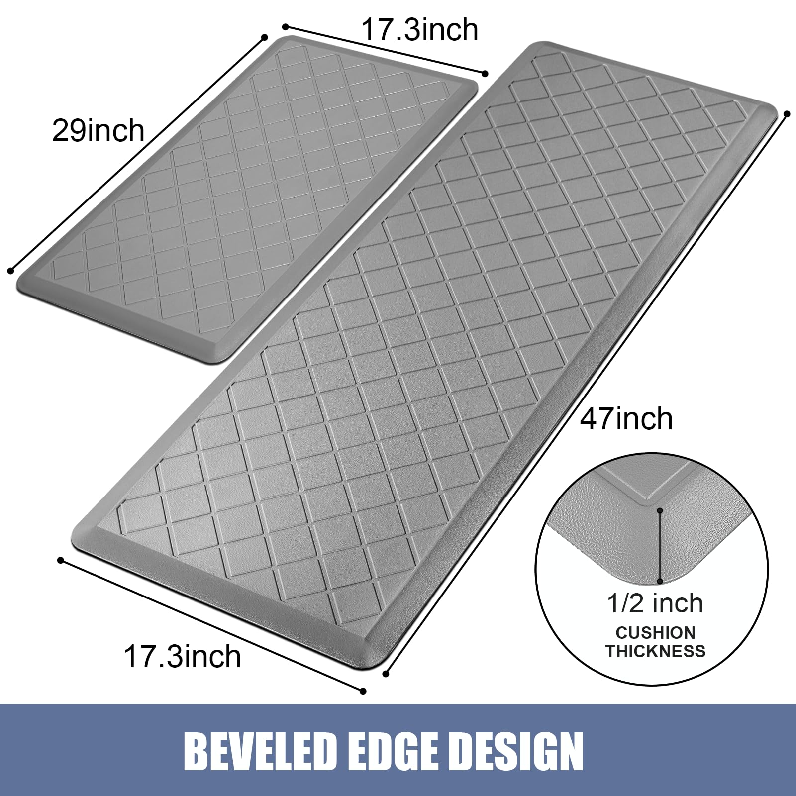 WEZVIX Cushioned Kitchen Mat 2 PCS, Anti Fatigue Kitchen Rugs, Heavy Duty Non-Skid, Ergonomic Comfort Foam Kitchen Floor Mat for Home, Office, Sink, Laundry - Grey
