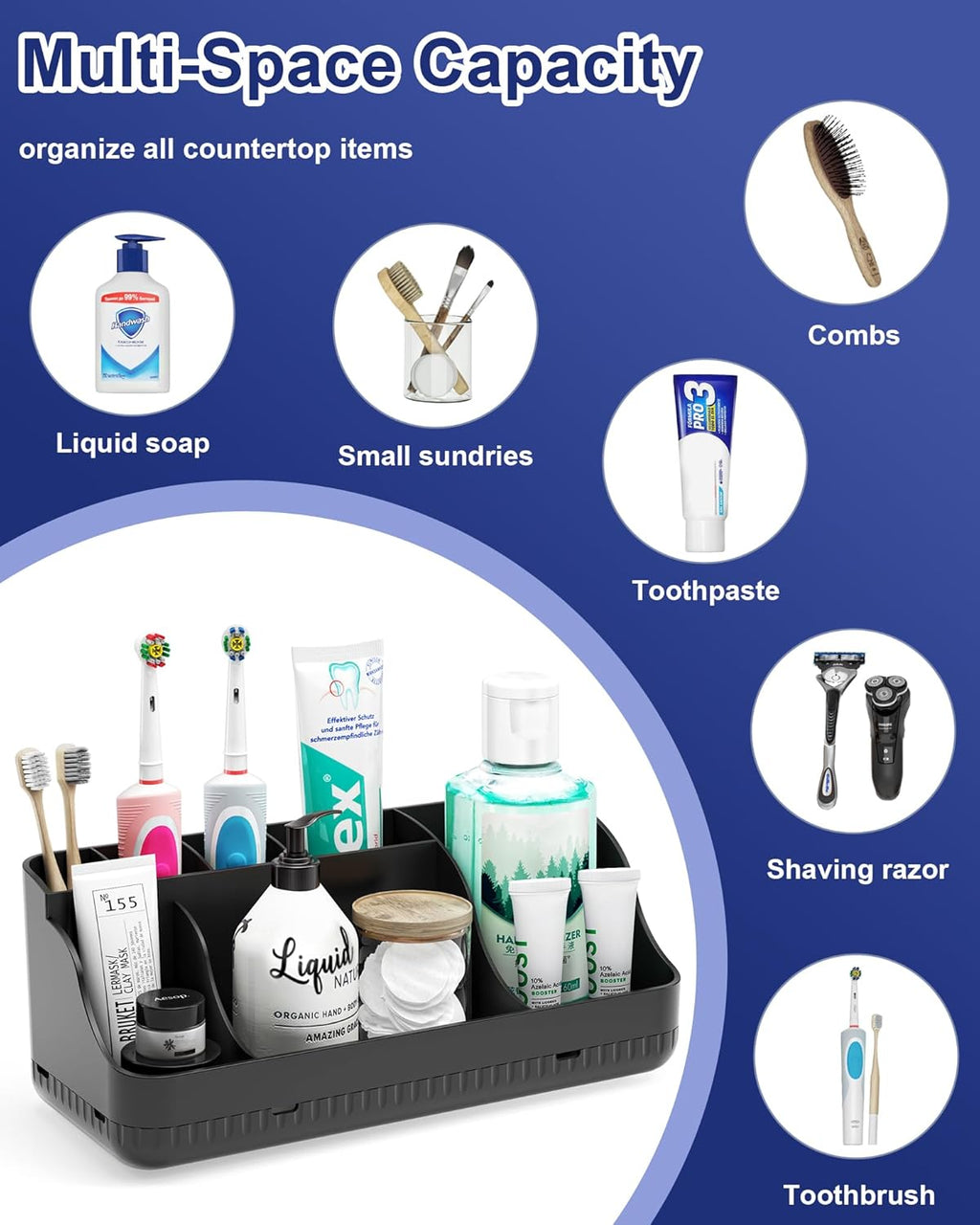 Skiennix Bathroom Counter Organizer - 7 Slot Detachable Toothbrush Holder for Adults & Kids | Anti-Slip Design