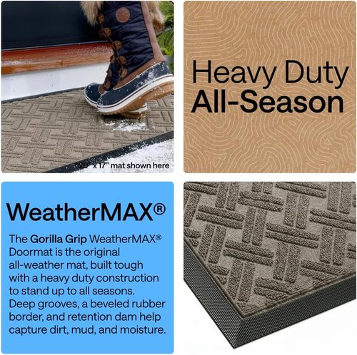 GORILLA GRIP Waterproof All-Season WeatherMAX Doormat - 47x35 Natural Rubber, Stain & Fade Resistant, Easy Clean Taupe