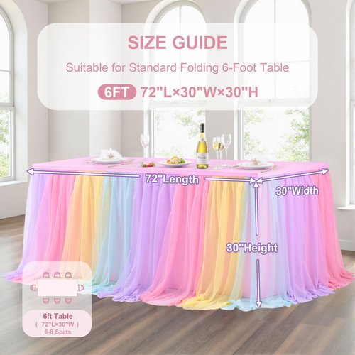 Wish Care Rainbow Tulle Tablecloth for 6 Foot Rectangle Tables Double Layer Tulle Tutu Desk Skirt Unicorn Ruffle Pastel Table Cloth Stretch Fitted Table Covers for Girls Birthday Baby Shower Party