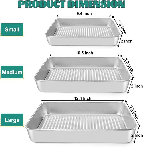 E-far Stainless Steel Baking Pans Set of 3 - Non-Toxic Rectangle Trays for Lasagna, Brownies, Cookies | 12.5/10.5/9.4 Inch